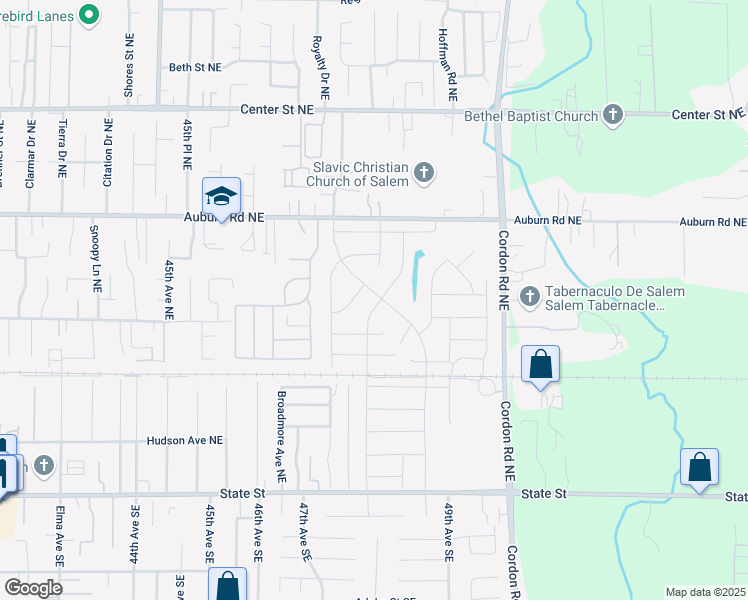 map of restaurants, bars, coffee shops, grocery stores, and more near 4810 Auburn Road Northeast in Salem