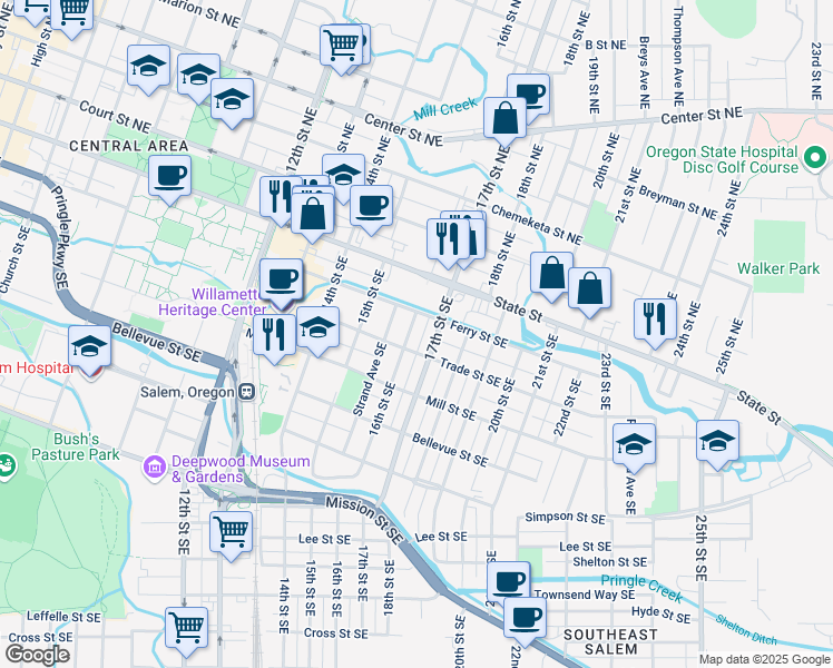 map of restaurants, bars, coffee shops, grocery stores, and more near 225 17th Street Southeast in Salem