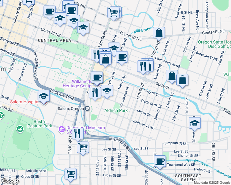 map of restaurants, bars, coffee shops, grocery stores, and more near 310 15th Street Southeast in Salem