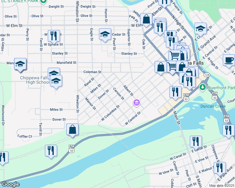 map of restaurants, bars, coffee shops, grocery stores, and more near 606 West Willow Street in Chippewa Falls