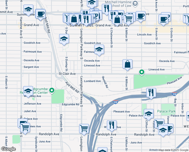 map of restaurants, bars, coffee shops, grocery stores, and more near 1038 Saint Clair Avenue in Saint Paul