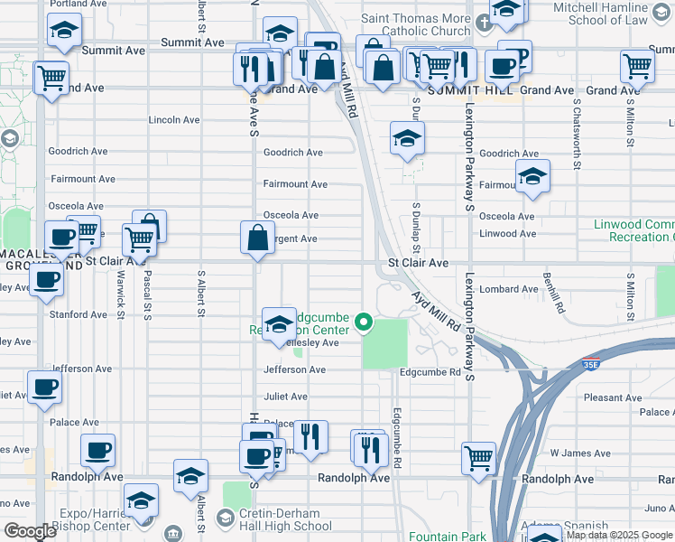 map of restaurants, bars, coffee shops, grocery stores, and more near 1248 Saint Clair Avenue in Saint Paul