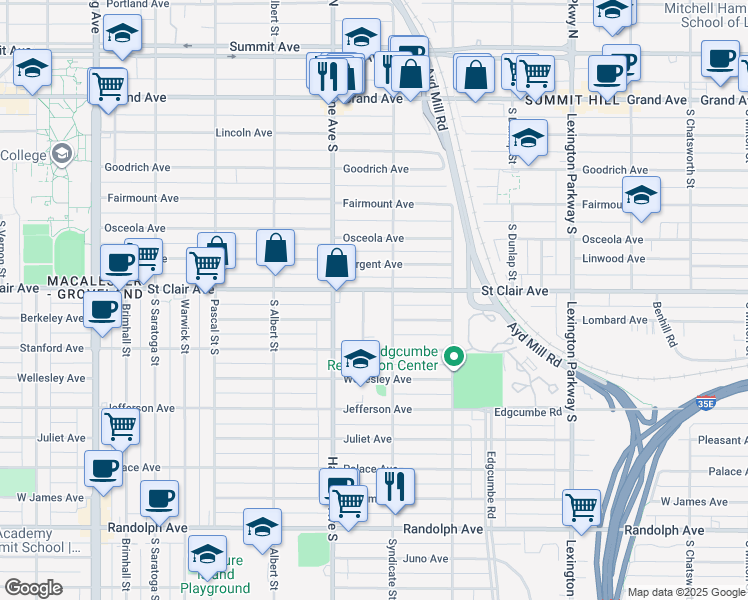 map of restaurants, bars, coffee shops, grocery stores, and more near 1280 Saint Clair Avenue in Saint Paul