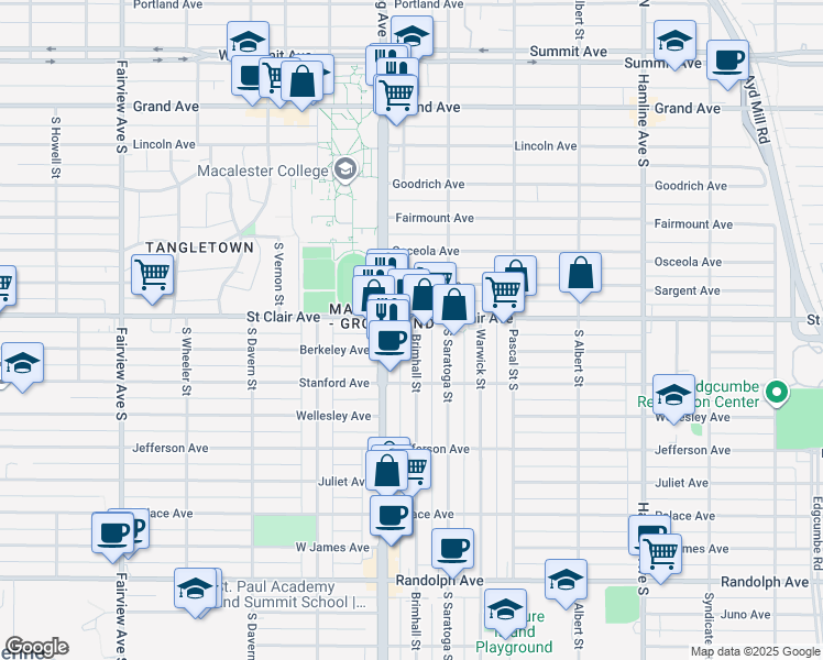map of restaurants, bars, coffee shops, grocery stores, and more near in Saint Paul