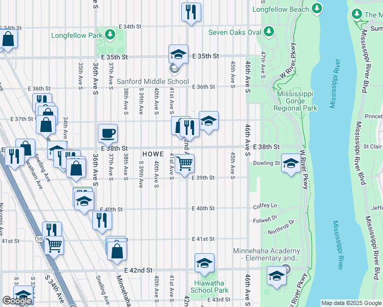 map of restaurants, bars, coffee shops, grocery stores, and more near 3808 42nd Avenue South in Minneapolis