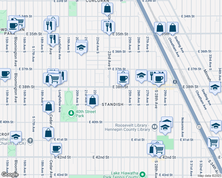 map of restaurants, bars, coffee shops, grocery stores, and more near 2249 East 38th Street in Minneapolis