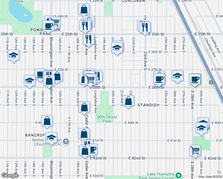 map of restaurants, bars, coffee shops, grocery stores, and more near 1903 East 38th Street in Minneapolis