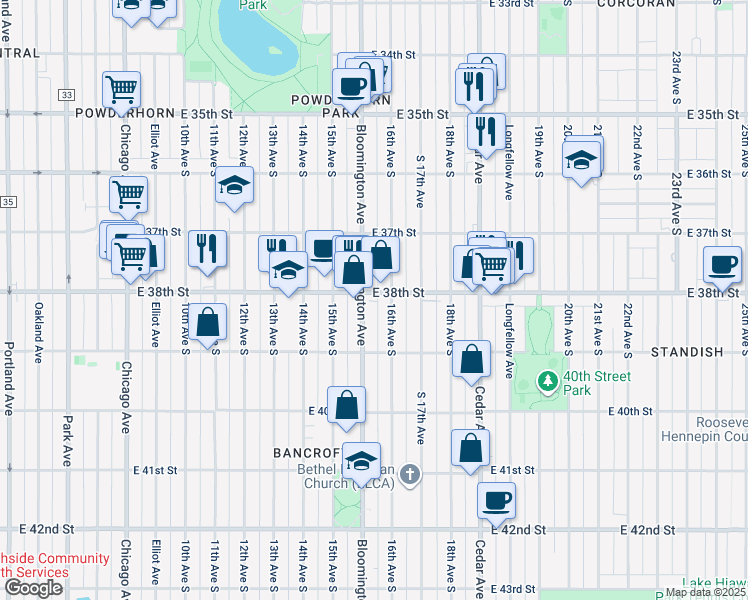 map of restaurants, bars, coffee shops, grocery stores, and more near 1534 East 38th Street in Minneapolis