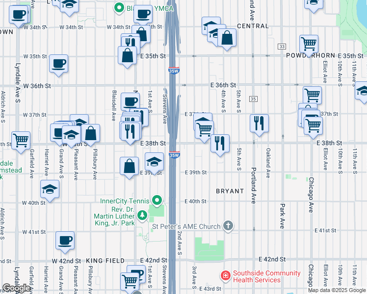 map of restaurants, bars, coffee shops, grocery stores, and more near in Minneapolis
