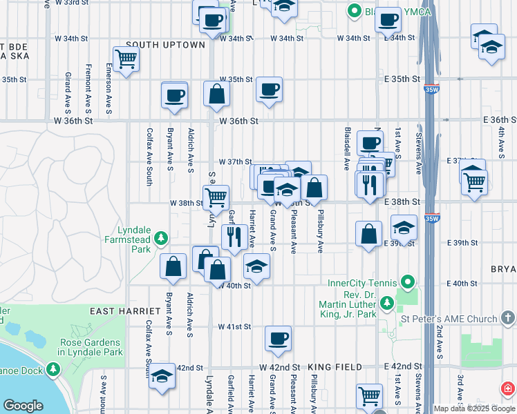 map of restaurants, bars, coffee shops, grocery stores, and more near 407 West 38th Street in Minneapolis
