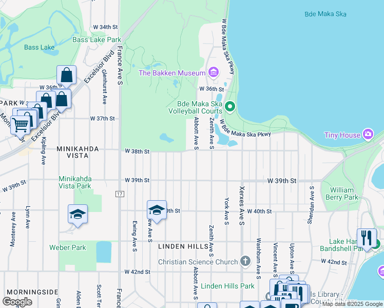 map of restaurants, bars, coffee shops, grocery stores, and more near 3801 Abbott Avenue South in Minneapolis