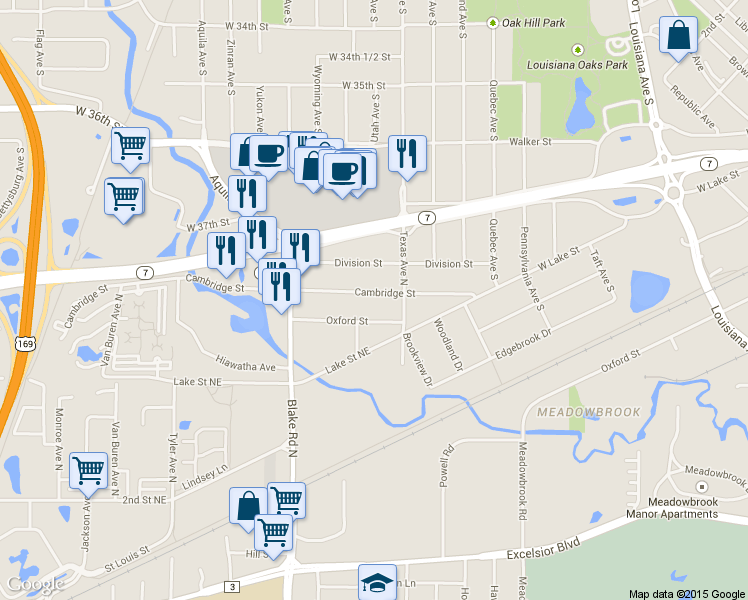 map of restaurants, bars, coffee shops, grocery stores, and more near 1414 Cambridge St in Hopkins
