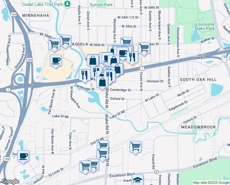 map of restaurants, bars, coffee shops, grocery stores, and more near 1220 Cambridge Street in Hopkins