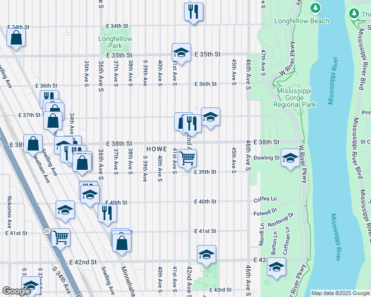 map of restaurants, bars, coffee shops, grocery stores, and more near 3808 42nd Avenue South in Minneapolis