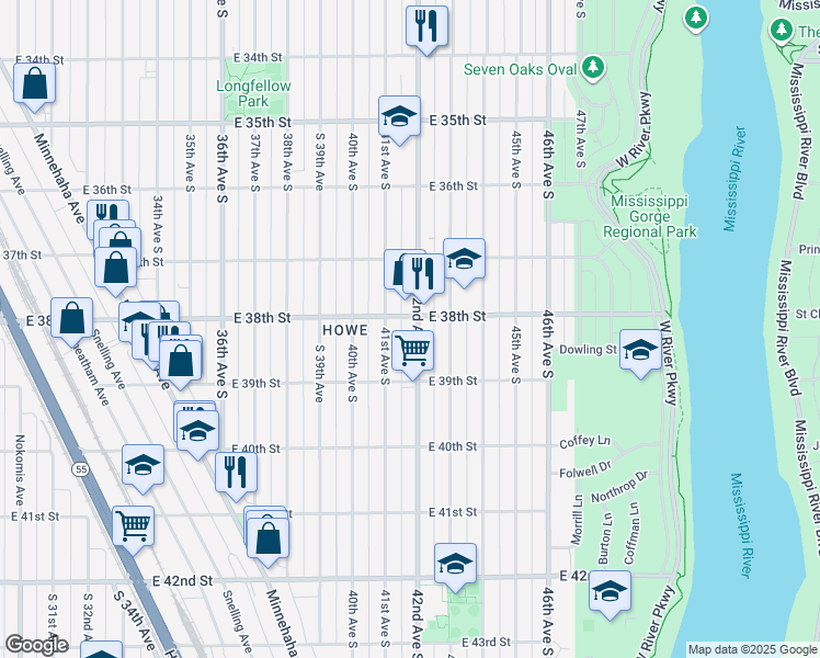 map of restaurants, bars, coffee shops, grocery stores, and more near 3808 42nd Avenue South in Minneapolis