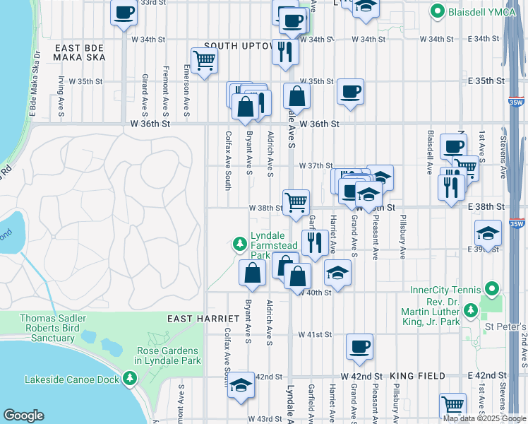 map of restaurants, bars, coffee shops, grocery stores, and more near 3800 Aldrich Avenue South in Minneapolis