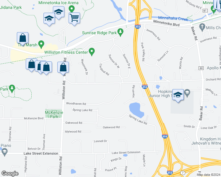 map of restaurants, bars, coffee shops, grocery stores, and more near 14215 Orchard Road in Minnetonka