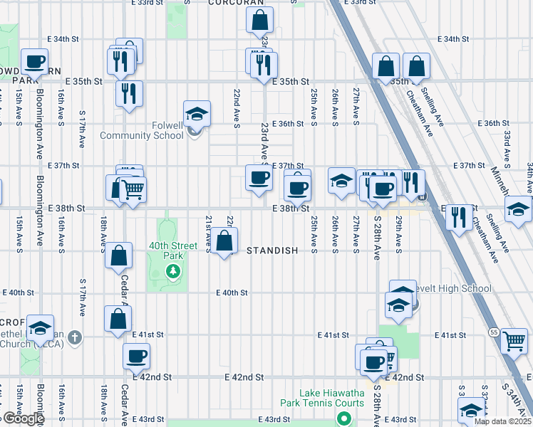 map of restaurants, bars, coffee shops, grocery stores, and more near 2249 East 38th Street in Minneapolis