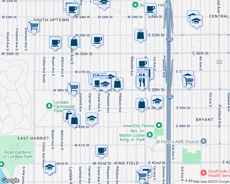 map of restaurants, bars, coffee shops, grocery stores, and more near 217 West 38th Street in Minneapolis