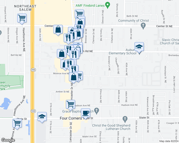 map of restaurants, bars, coffee shops, grocery stores, and more near 421 Clarmar Drive Northeast in Salem