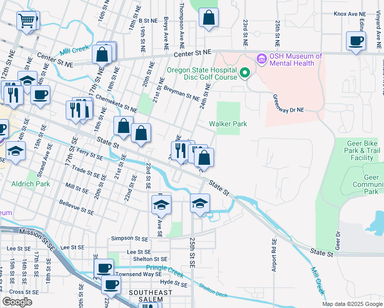 map of restaurants, bars, coffee shops, grocery stores, and more near 127 25th Street Northeast in Salem