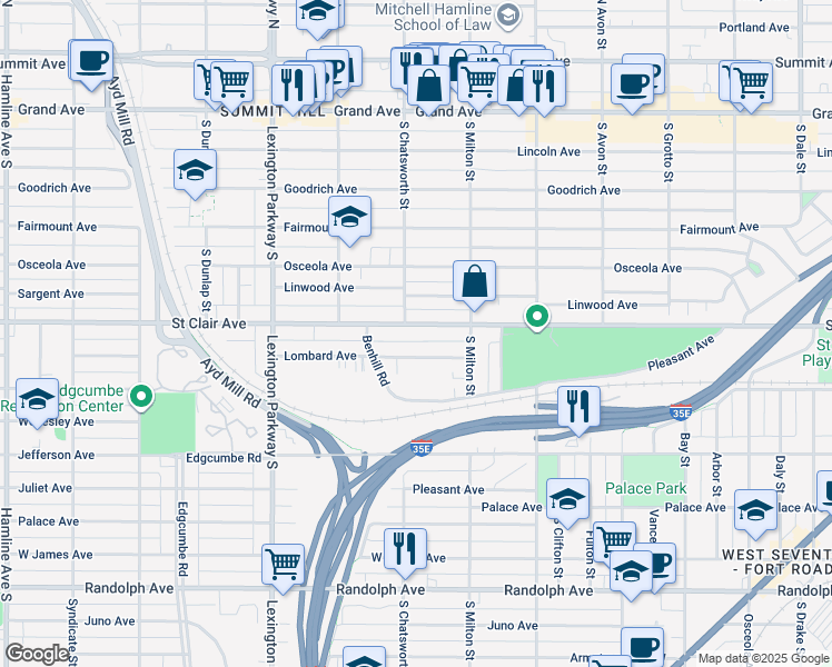 map of restaurants, bars, coffee shops, grocery stores, and more near 966 Saint Clair Avenue in Saint Paul