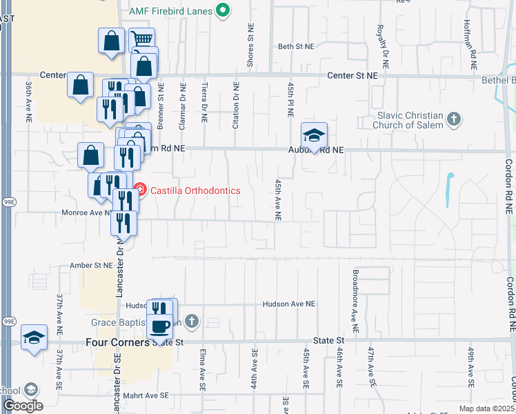 map of restaurants, bars, coffee shops, grocery stores, and more near 422 Chandelle Court Northeast in Salem