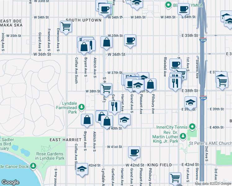 map of restaurants, bars, coffee shops, grocery stores, and more near 3801 Garfield Avenue South in Minneapolis