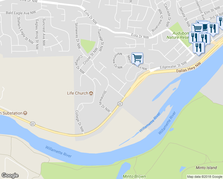 map of restaurants, bars, coffee shops, grocery stores, and more near 173 Rosewood Drive Northwest in Salem