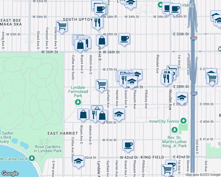 map of restaurants, bars, coffee shops, grocery stores, and more near 3801 Garfield Avenue in Minneapolis