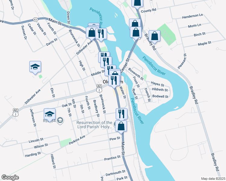 map of restaurants, bars, coffee shops, grocery stores, and more near 319 Main Street in Old Town