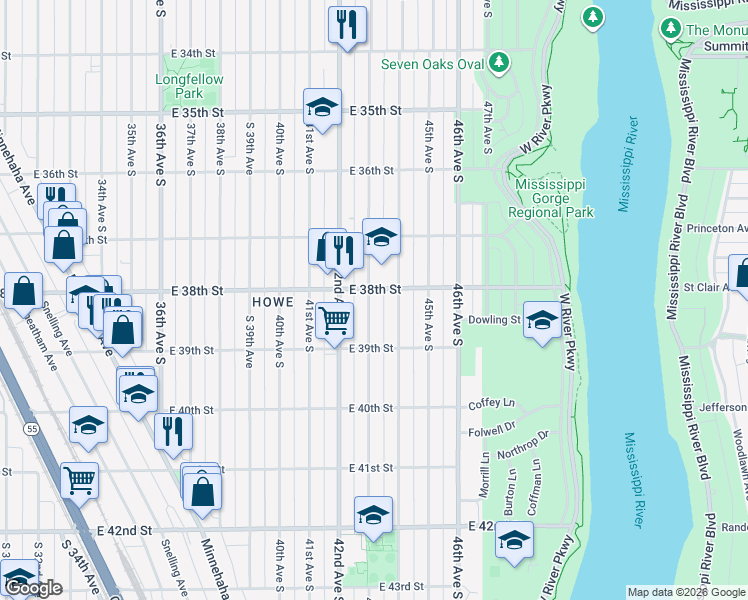 map of restaurants, bars, coffee shops, grocery stores, and more near 3809 43rd Avenue South in Minneapolis