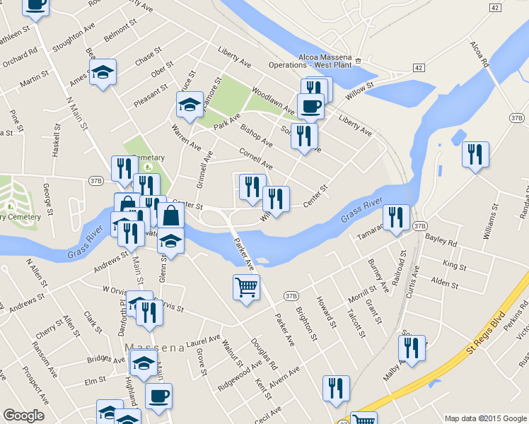 map of restaurants, bars, coffee shops, grocery stores, and more near 175-181 Center St in Massena