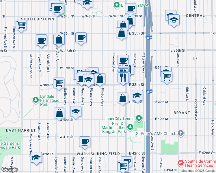 map of restaurants, bars, coffee shops, grocery stores, and more near 115 West 38th Street in Minneapolis