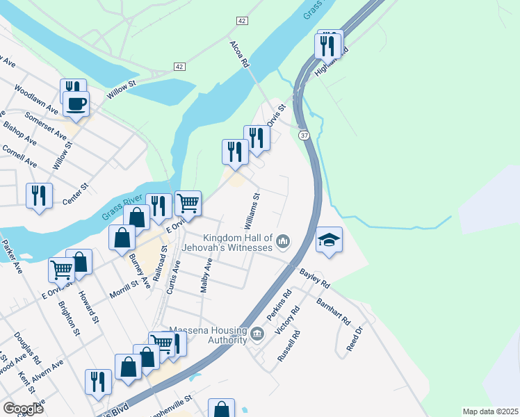 map of restaurants, bars, coffee shops, grocery stores, and more near 26 Williams Street in Massena