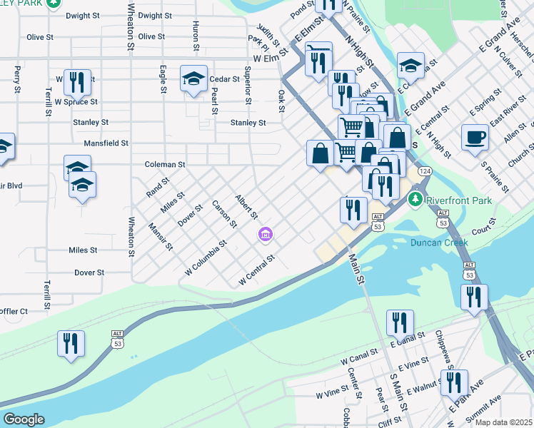 map of restaurants, bars, coffee shops, grocery stores, and more near 320 Superior Street in Chippewa Falls