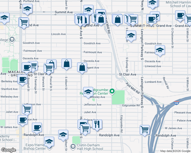 map of restaurants, bars, coffee shops, grocery stores, and more near 1280 Saint Clair Avenue in Saint Paul
