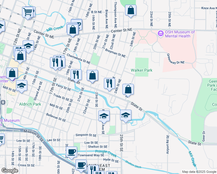 map of restaurants, bars, coffee shops, grocery stores, and more near 170 23rd Street Northeast in Salem