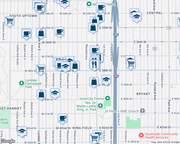 map of restaurants, bars, coffee shops, grocery stores, and more near 25 West 38th Street in Minneapolis