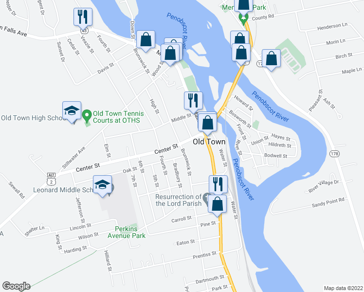 map of restaurants, bars, coffee shops, grocery stores, and more near 225 Center Street in Old Town