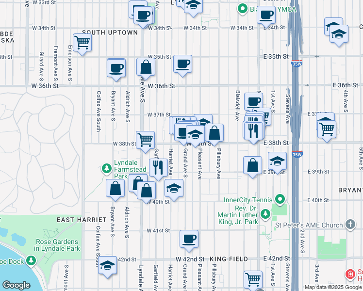 map of restaurants, bars, coffee shops, grocery stores, and more near 407 West 38th Street in Minneapolis