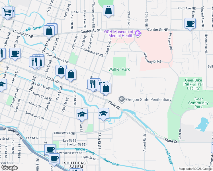 map of restaurants, bars, coffee shops, grocery stores, and more near 236 25th Street Northeast in Salem