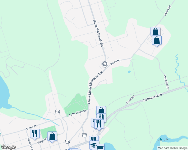 map of restaurants, bars, coffee shops, grocery stores, and more near 375 Muskoka Beach Road in Gravenhurst