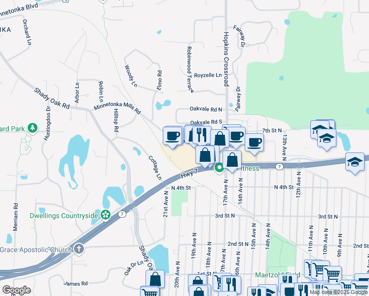 map of restaurants, bars, coffee shops, grocery stores, and more near 11337 Minnesota 7 in Minnetonka