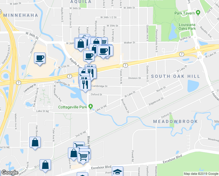 map of restaurants, bars, coffee shops, grocery stores, and more near 1414 Cambridge Street in Hopkins