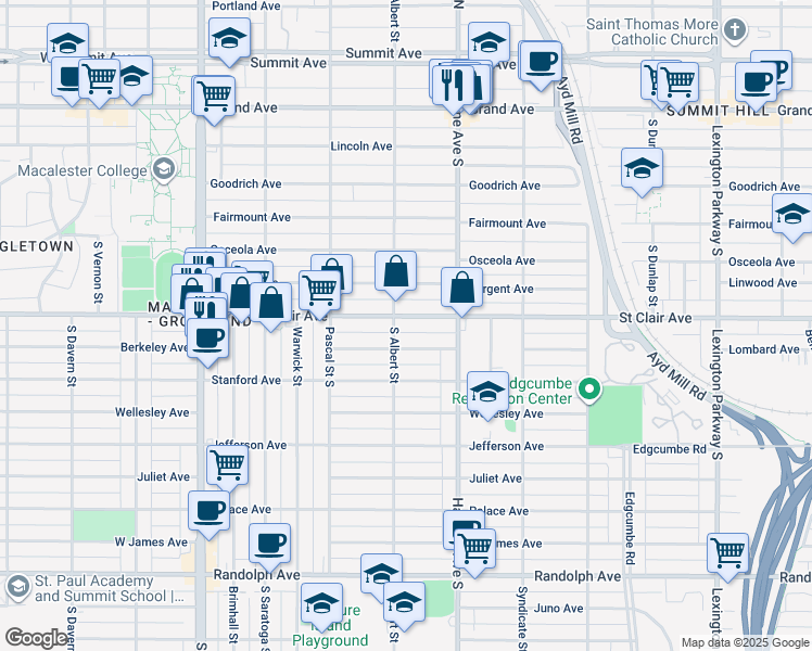 map of restaurants, bars, coffee shops, grocery stores, and more near 1390 Saint Clair Avenue in Saint Paul