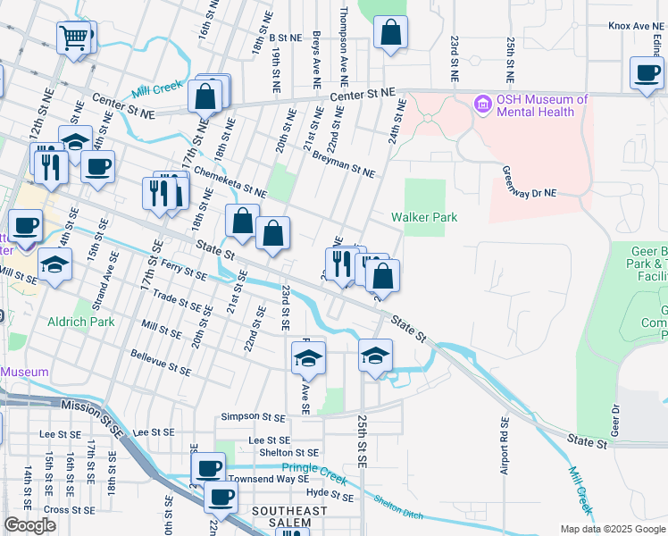 map of restaurants, bars, coffee shops, grocery stores, and more near 170 23rd Street Northeast in Salem