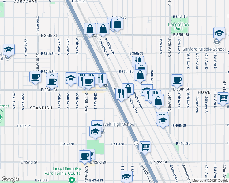 map of restaurants, bars, coffee shops, grocery stores, and more near 3025 East 38th Street in Minneapolis