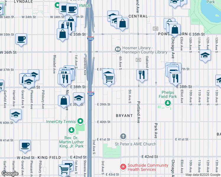 map of restaurants, bars, coffee shops, grocery stores, and more near 3800 Clinton avenue in Minneapolis