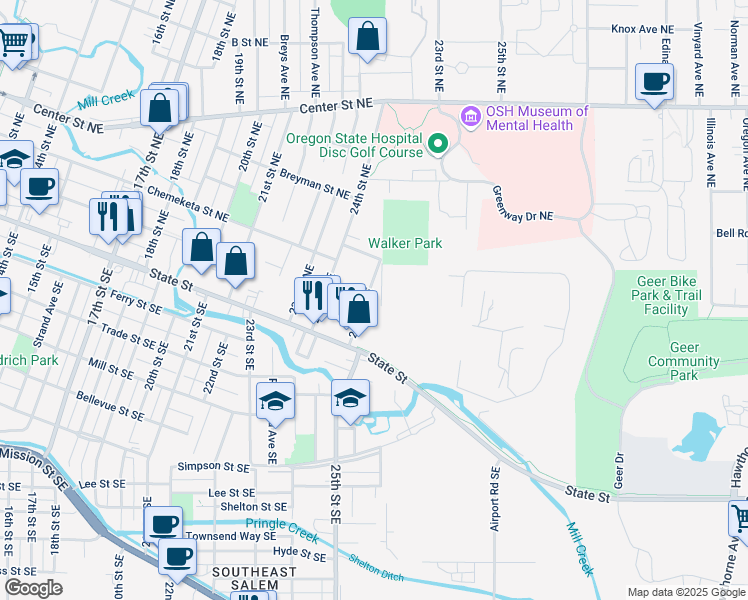 map of restaurants, bars, coffee shops, grocery stores, and more near 242-248 25th Street Northeast in Salem